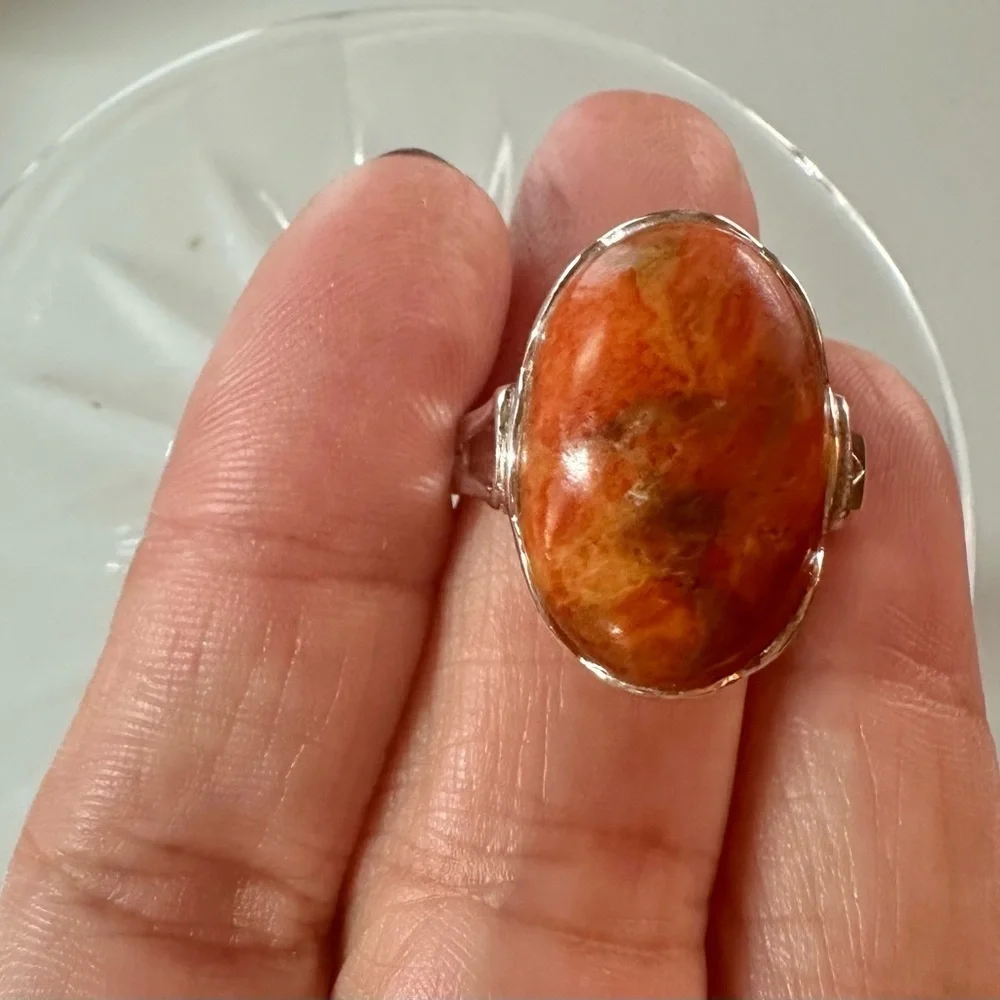 Vintage Red Coral and 925 Silver Ring with Cabochon Stone cut. - Picture 5 of 8